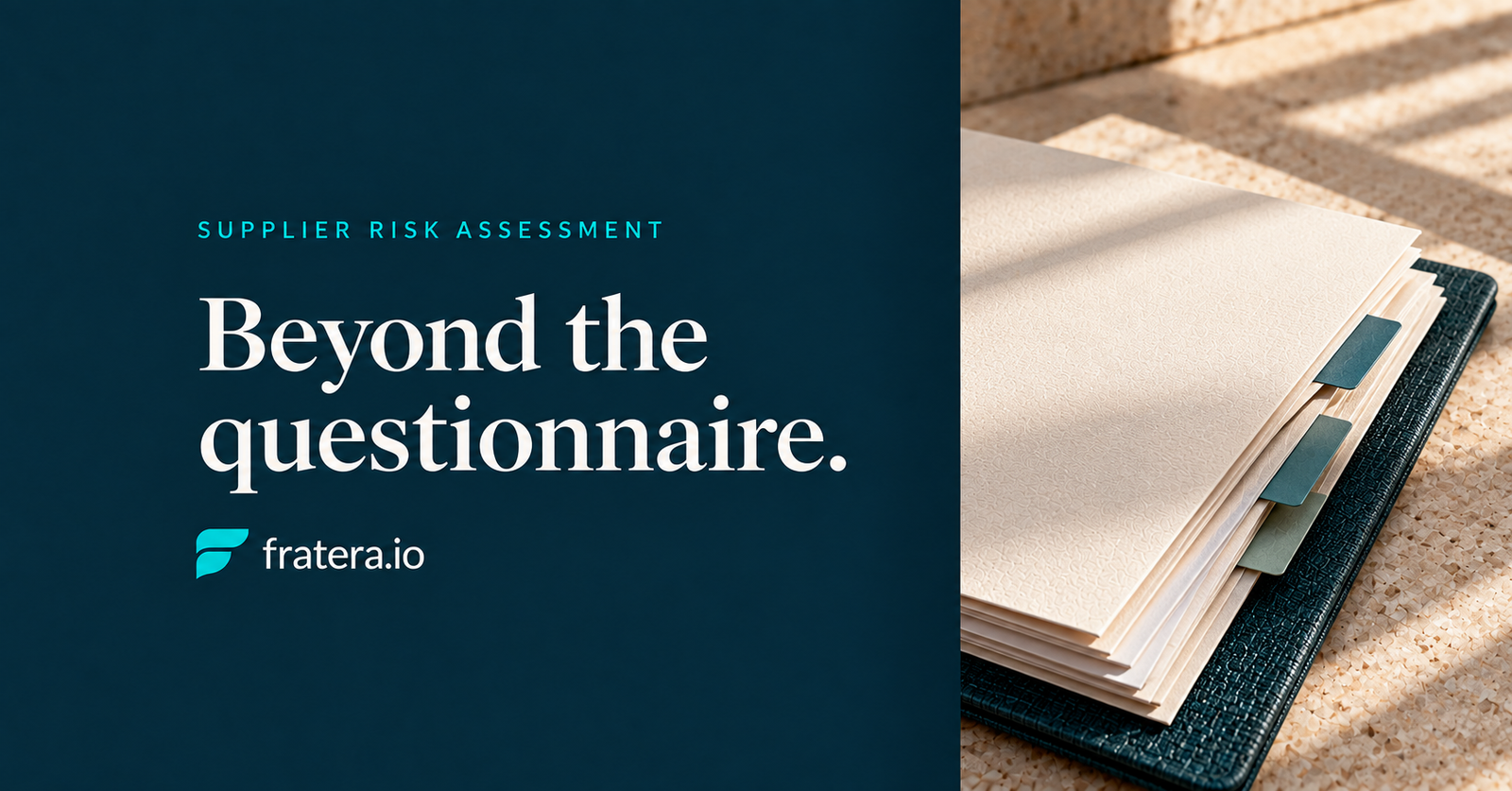 Beyond the questionnaire. Fratera editorial cover with a tactile review dossier and teal page tabs.
