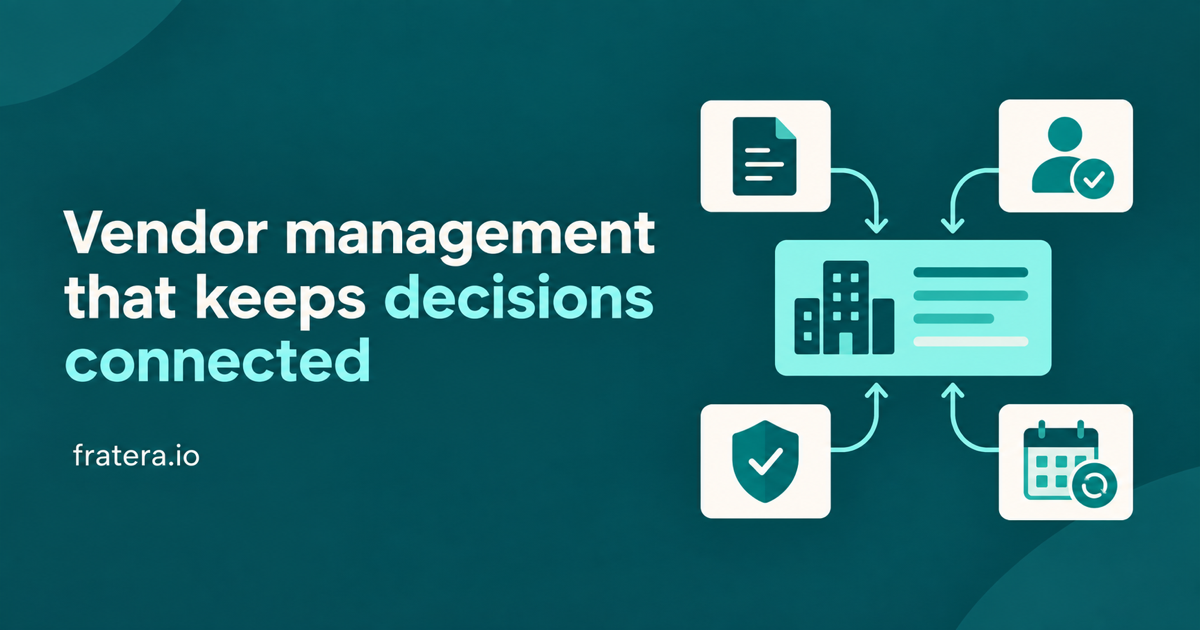 Vendor management that keeps decisions connected, with contracts, ownership, risk evidence and renewals linked to one supplier record.