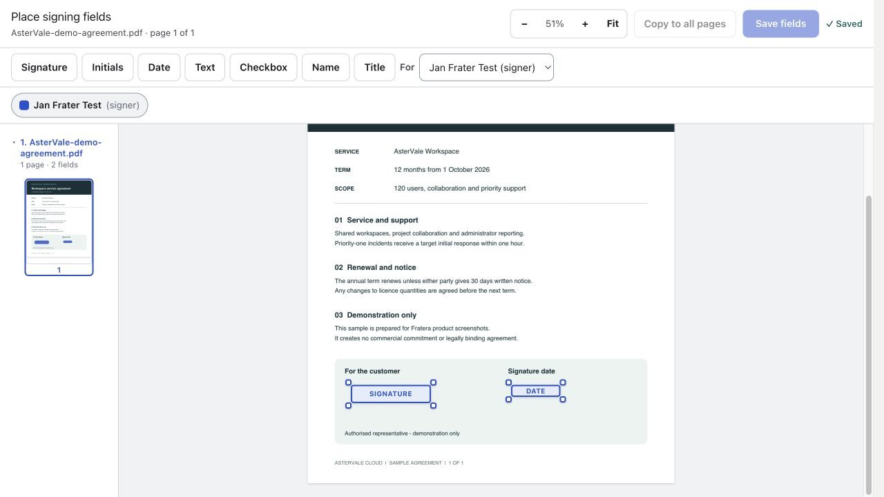Fratera signing editor with signature and date fields saved on an AsterVale demonstration agreement