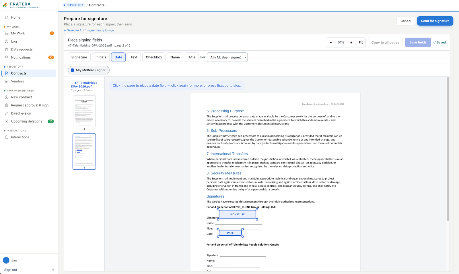 Fratera built-in e-signing field placement